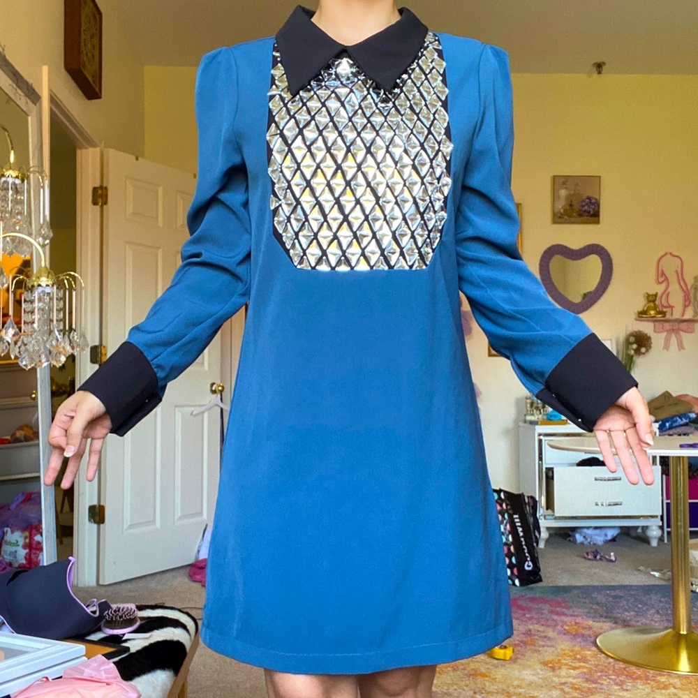 Blue Peter Pan Collar Dress with Rhinestone Chest Plate Size Small